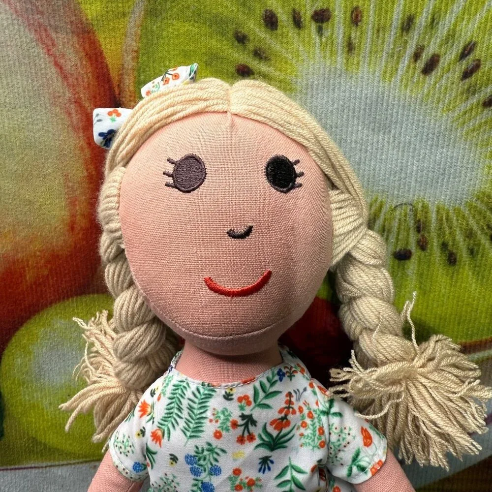 Handmade Fabric Doll With Blonde Braids & Floral Dress - Picture 2 of 7